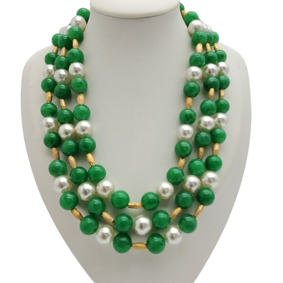Vtg Triple Strand Jadeite Green Beaded Pearl Gold Tone Statement Choker Necklace - Picture 1 of 9